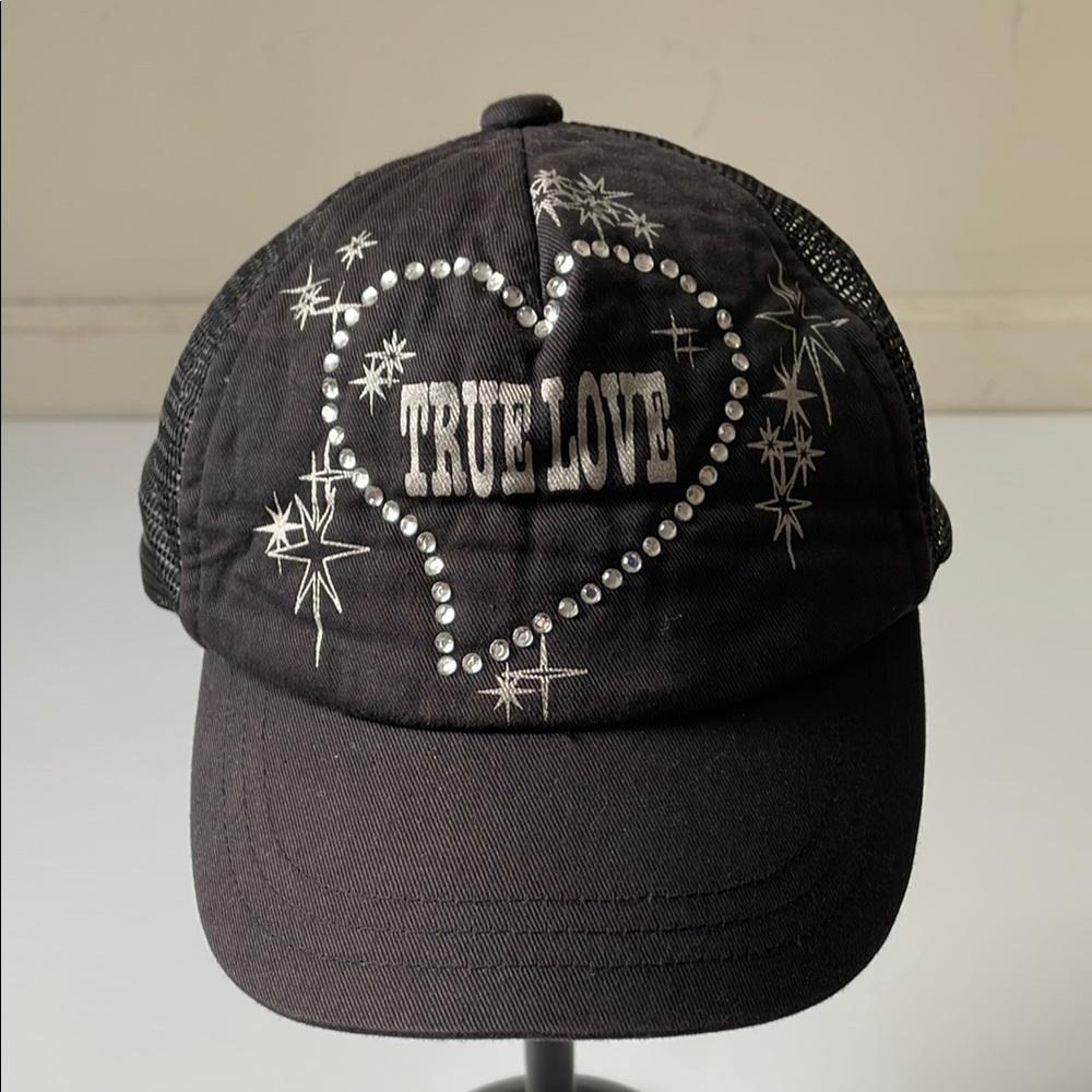 True Love mesh trucker Y2K hat adjustable rare bedazzled silver black